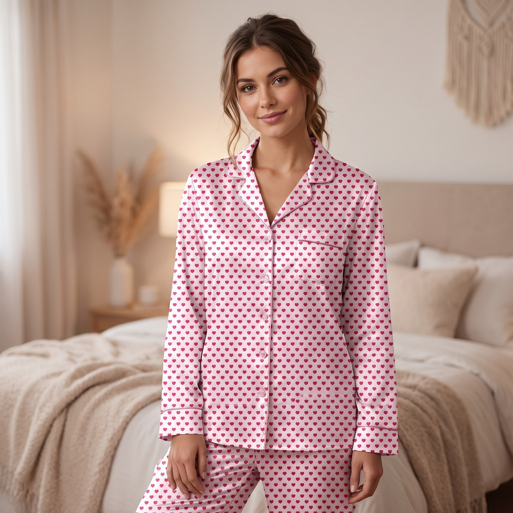 Pink Heart Satin Pajama Set, Valentines Day Silk PJs , Cute Heart Print Sleepwear, Romantic Birthday Gift for Her