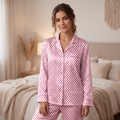 Pink Heart Satin Pajama Set, Valentines Day Silk PJs , Cute Heart Print Sleepwear, Romantic Birthday Gift for Her
