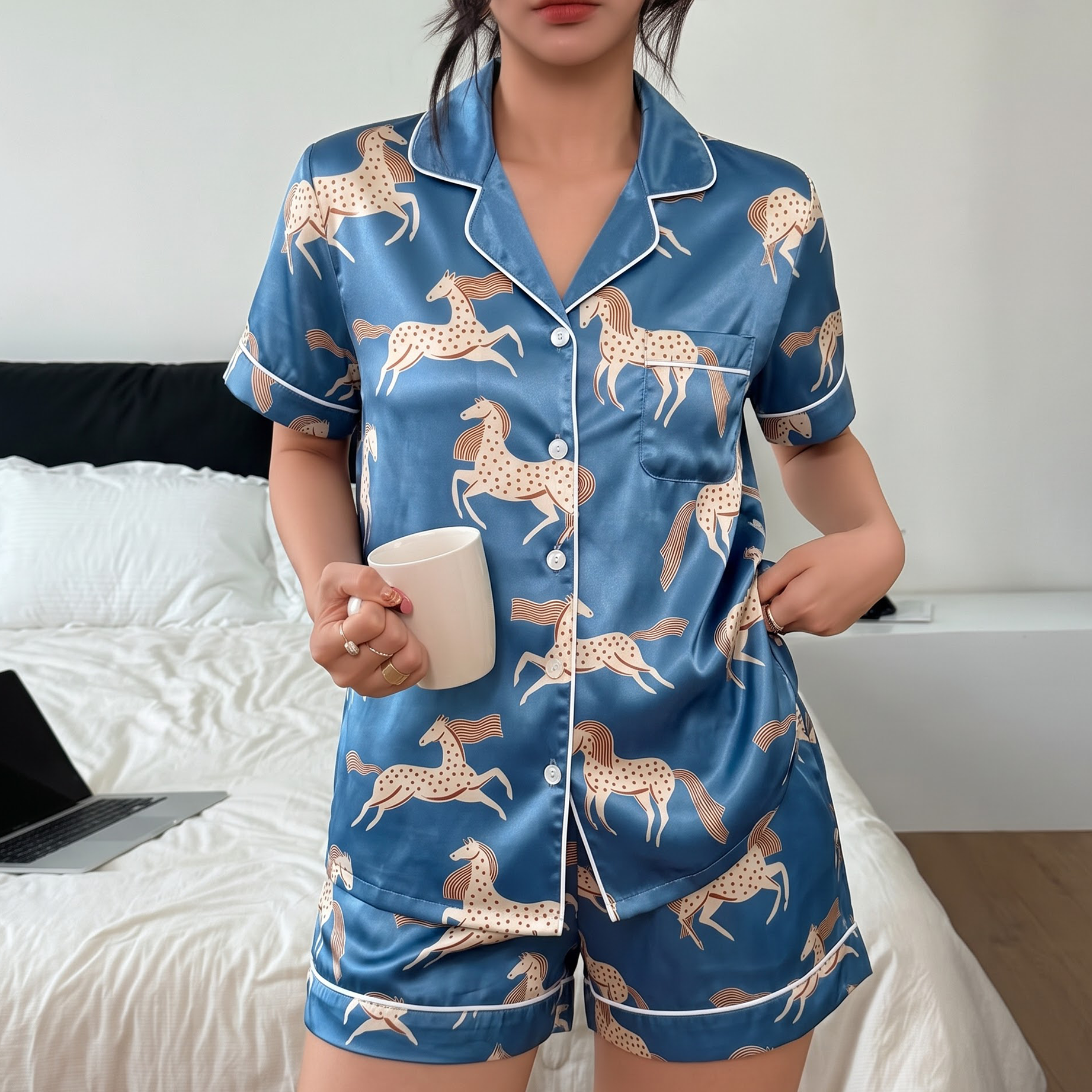 Blue Horse Satin Pajama Set, Equestrian Silk Sleepwear, Wild Mustang Lounge Set, Horse Lover Gift for Her Women