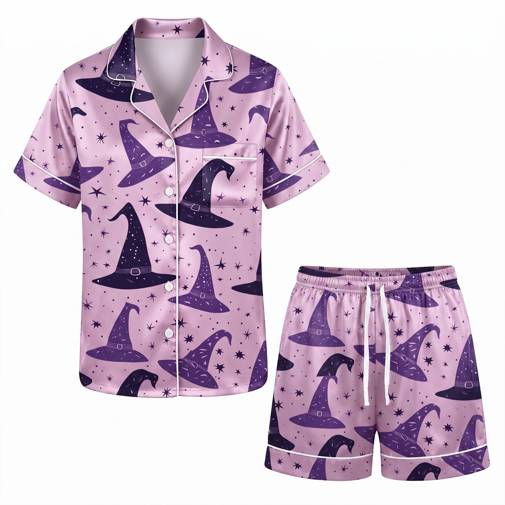 Witch Hat Satin Pajama Set, Celestial Magic Silk Sleepwear, Purple Halloween Lounge Set, Witchy Gift for Her Women