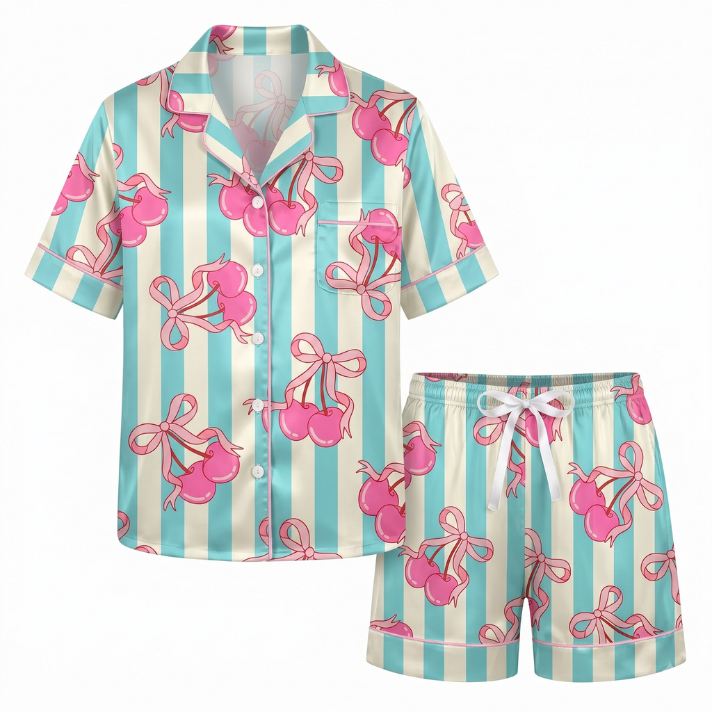 Cute Pink Bow Cherry Silk Satin Pajama Set, Blue Striped Pattern Lounge Set, Coquette Ribbon Sleepwear, Gift for Friends Sister