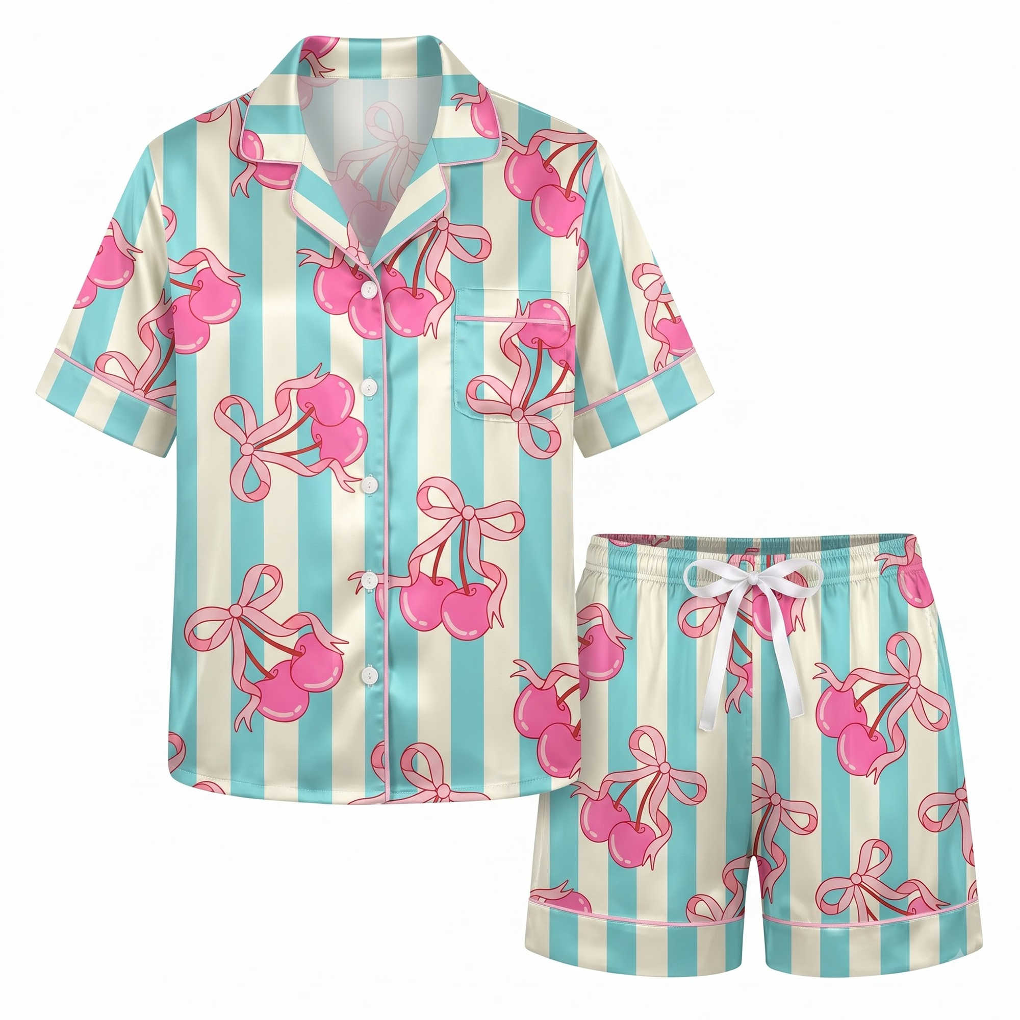Cute Pink Bow Cherry Silk Satin Pajama Set, Blue Striped Pattern Lounge Set, Coquette Ribbon Sleepwear, Gift for Friends Sister