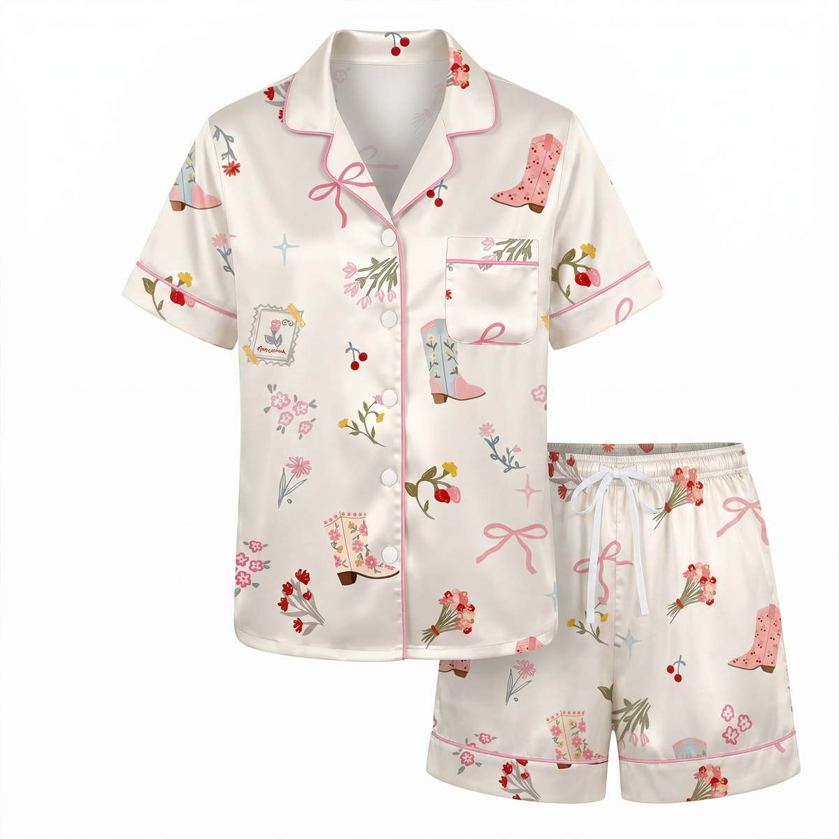 Coquette Cowboy Boot Satin Pajama Set, Pink Floral Silk Sleepwear, Cottagecore Bow Lounge Set, Romantic Gift for Her