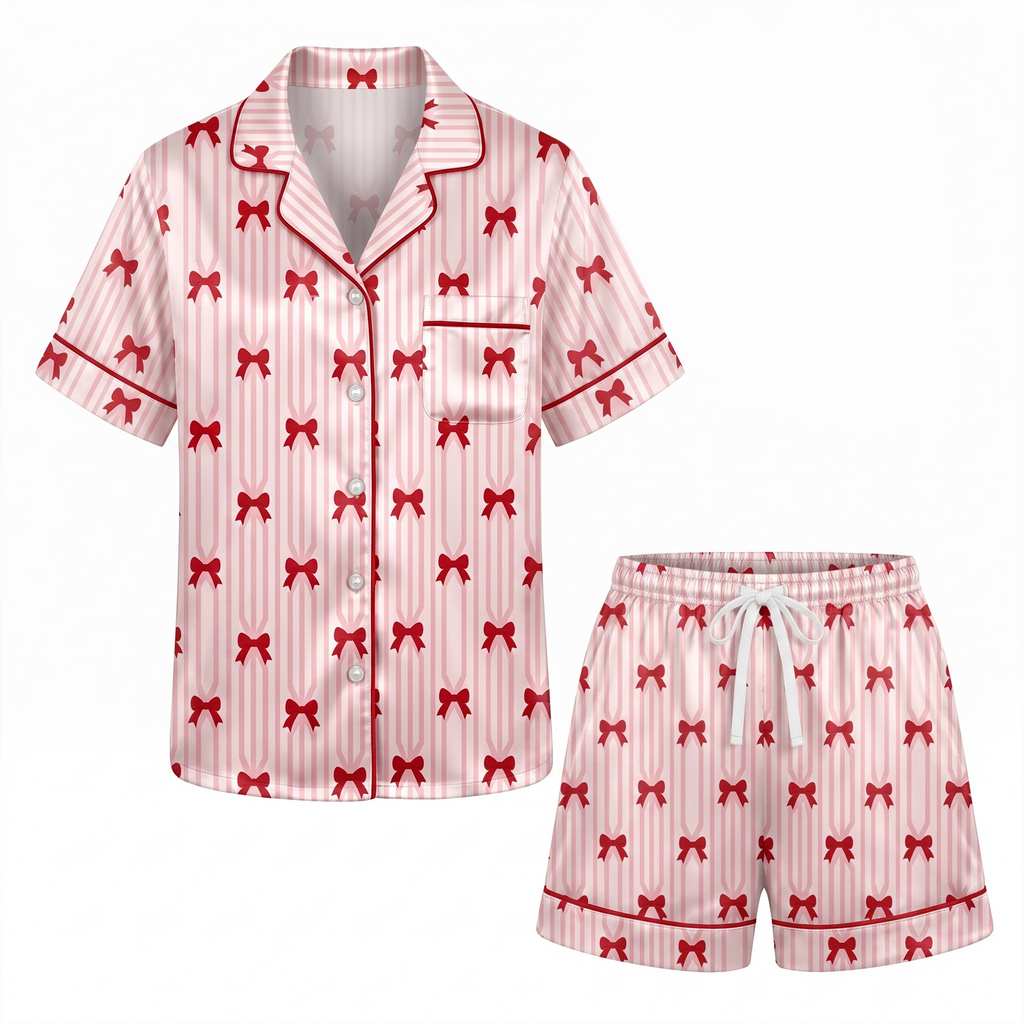 Red Bow Satin Pajama Set, Pink Striped Ribbon Silk Sleepwear, Coquette Bow Lounge Set, Romantic Gift for Her Women