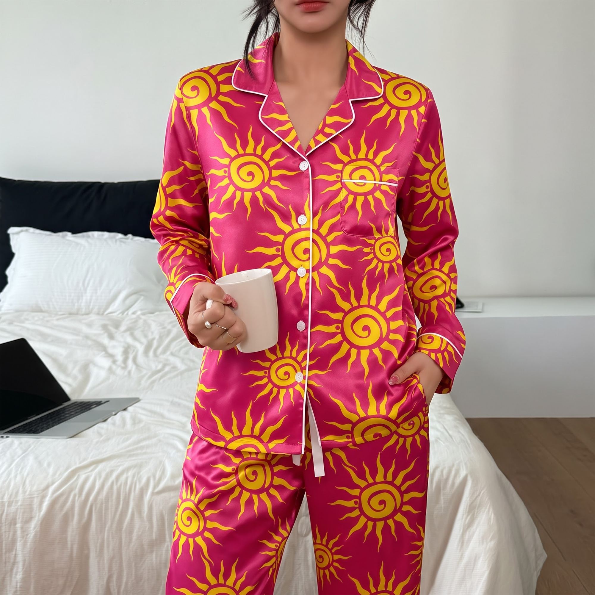 Tangled Sun Satin Pajama Set, Rapunzel Corona Sun Silk Sleepwear, Pink Sunshine Lounge Set, Disney Princess Gift for Her