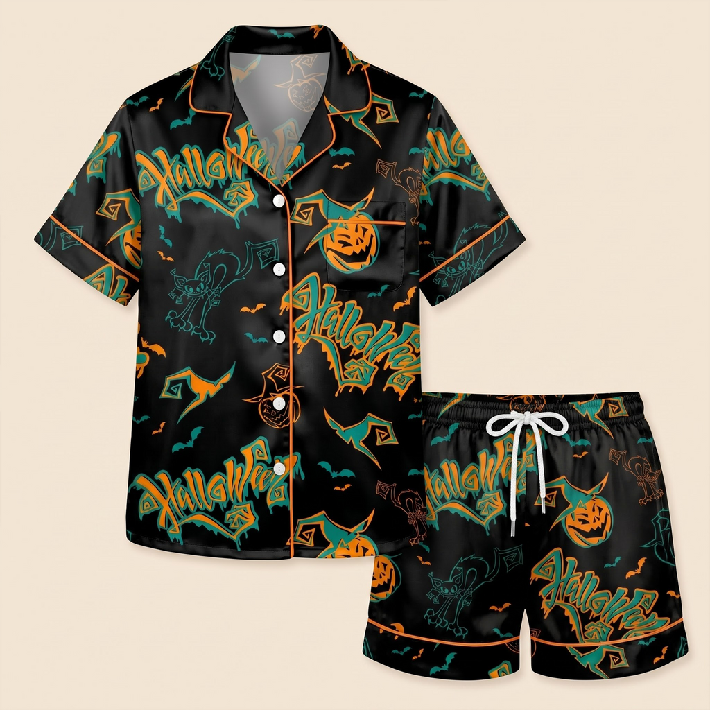 Halloween Satin Pajama Set, Spooky Pumpkin Silk Sleepwear, Black Halloween Lounge Set, Spooky Season Gift for Her Women