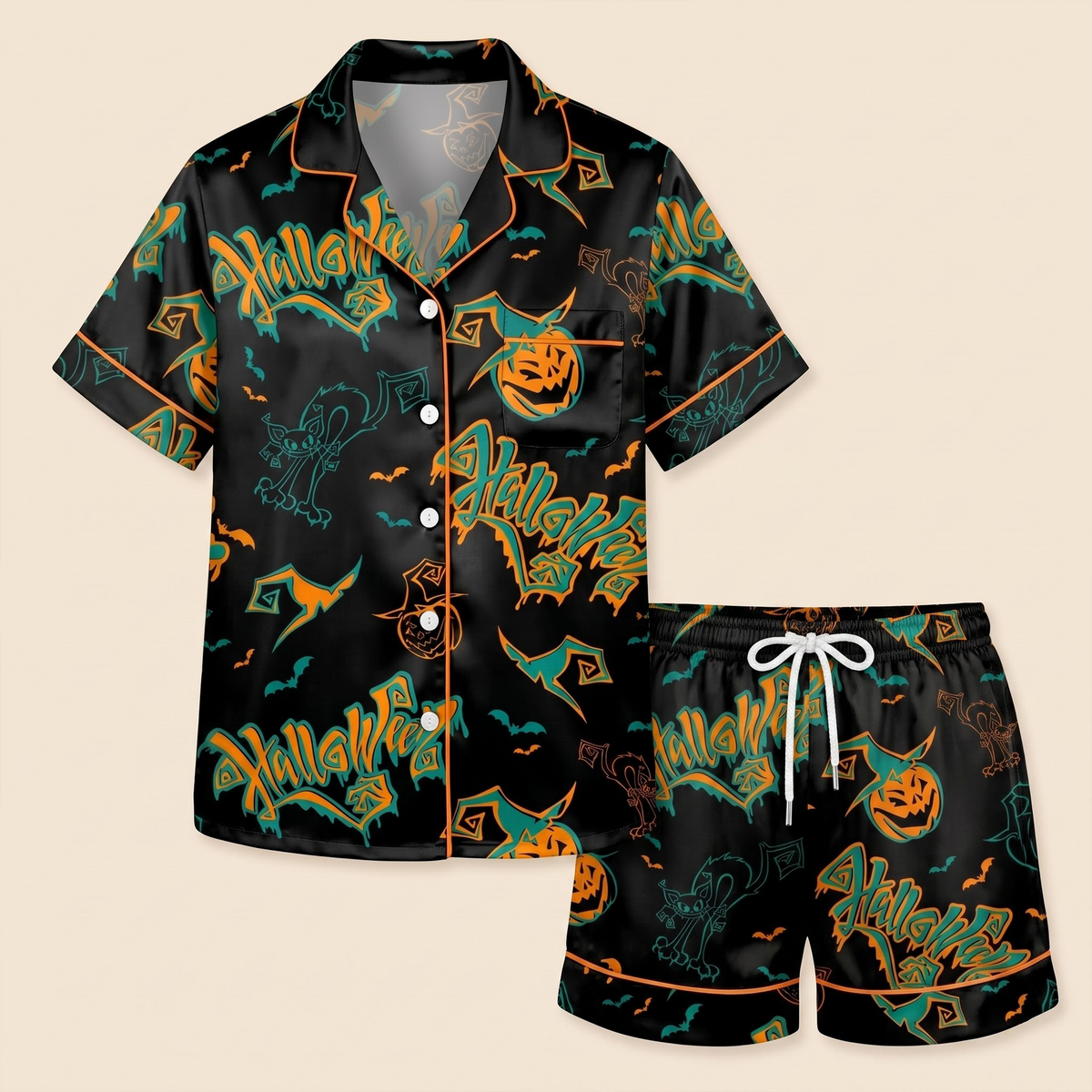 Halloween Satin Pajama Set, Spooky Pumpkin Silk Sleepwear, Black Halloween Lounge Set, Spooky Season Gift for Her Women