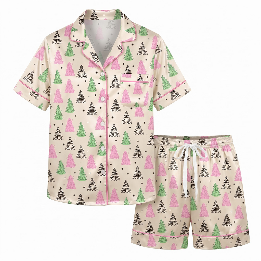 Pink Green Christmas Tree Satin Pajama Set, Xmas Tree Silk Sleepwear, Coquette Holiday Lounge Set, Xmas Gift for Her Women