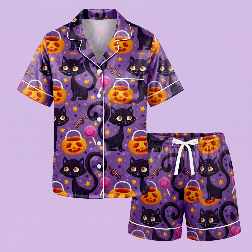 Black Cat Halloween Satin Pajama Set, Spooky Pumpkin Silk Sleepwear, Purple Cat Lounge Set, Gift for Her Women Cat Lovers