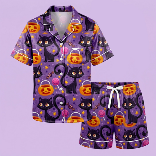 Black Cat Halloween Satin Pajama Set, Spooky Pumpkin Silk Sleepwear, Purple Cat Lounge Set, Gift for Her Women Cat Lovers