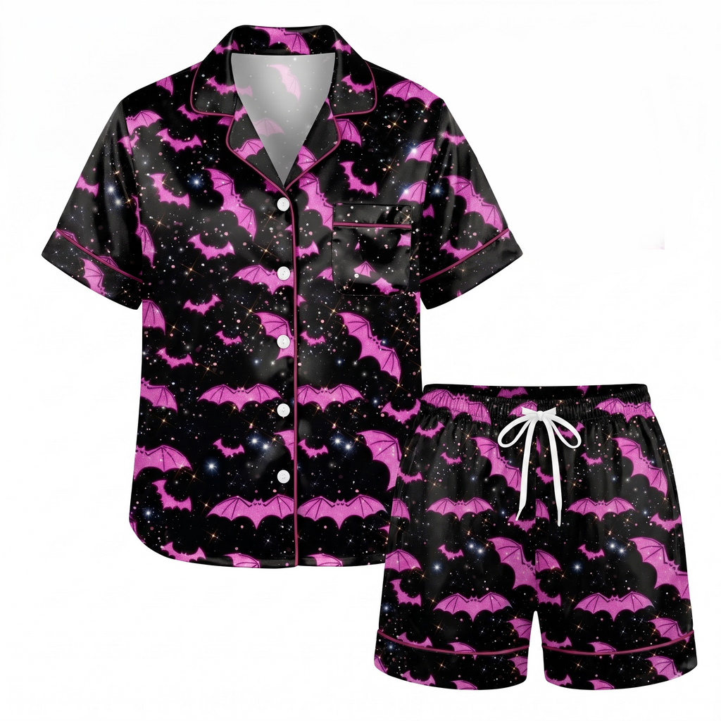 Pink Bat Satin Pajama Set, Sparkly Galaxy Silk Sleepwear, Pastel Goth Lounge Set, Cute Halloween Gift for Her Women
