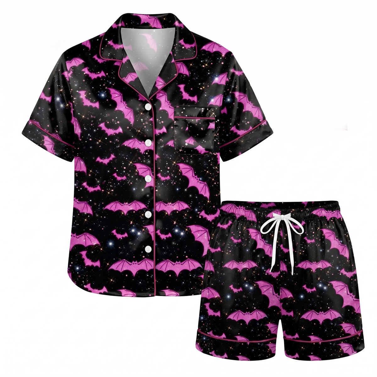 Pink Bat Satin Pajama Set, Sparkly Galaxy Silk Sleepwear, Pastel Goth Lounge Set, Cute Halloween Gift for Her Women