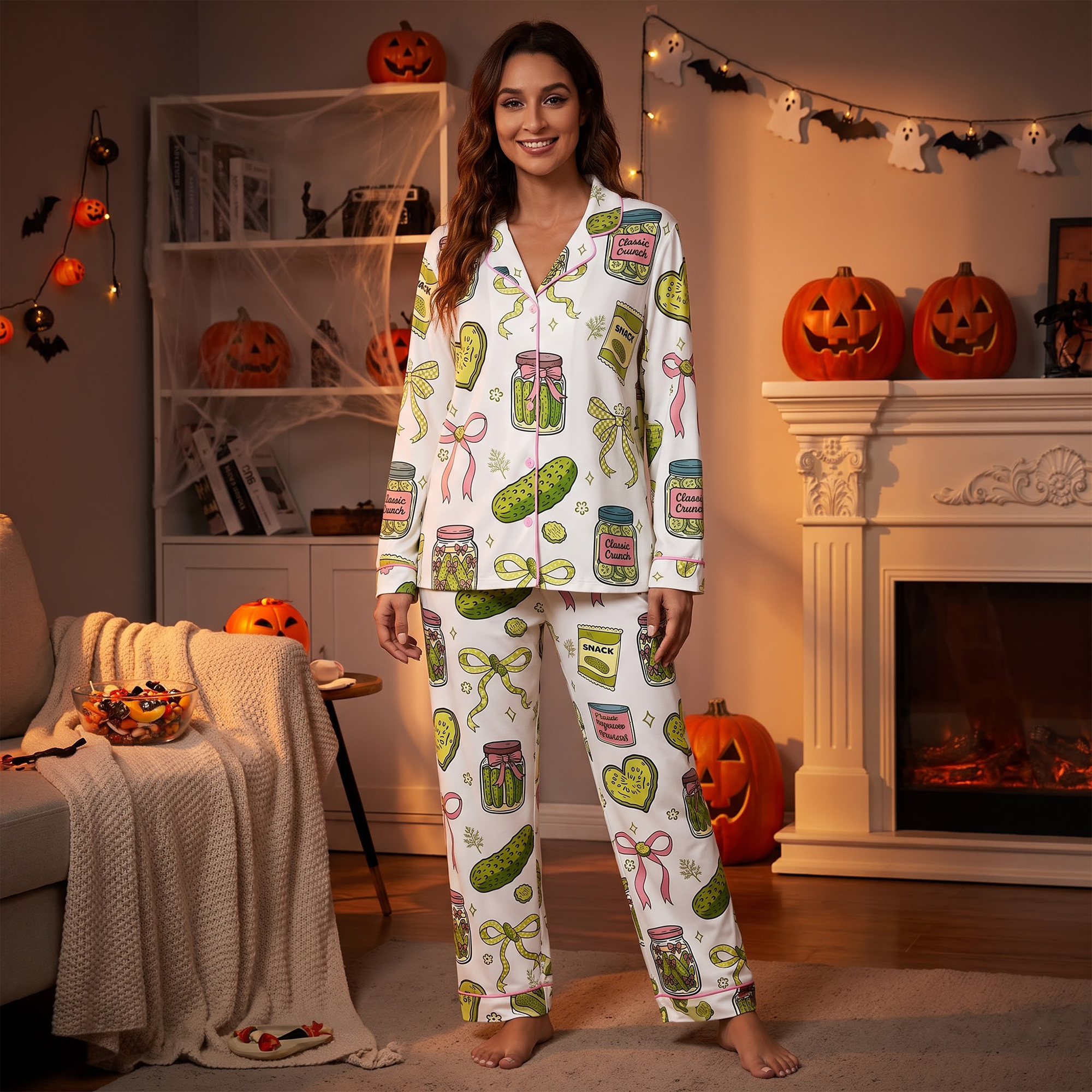 Pickle Pajama Set for Women, Cute Coquette Sleepwear, Button Up Shirt and Shorts, Pickle Lover Gift
