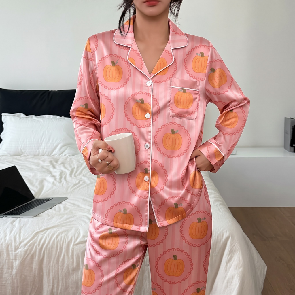 Pink Pumpkin Pajama Set, Cute Coquette Autumn Sleepwear, Soft Pink Halloween Lounge Set Gift for Women Birthday