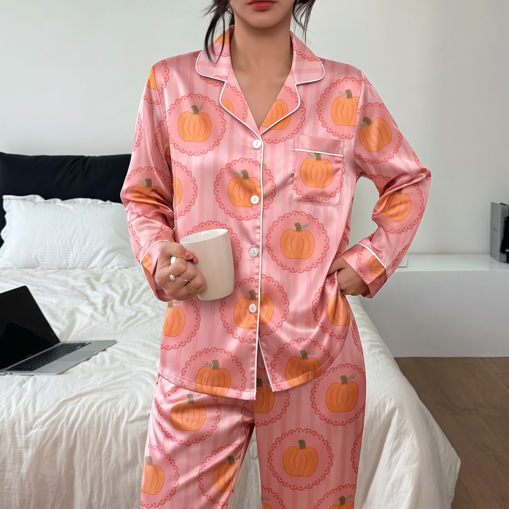 Pink Pumpkin Pajama Set, Cute Coquette Autumn Sleepwear, Soft Pink Halloween Lounge Set Gift for Women Birthday