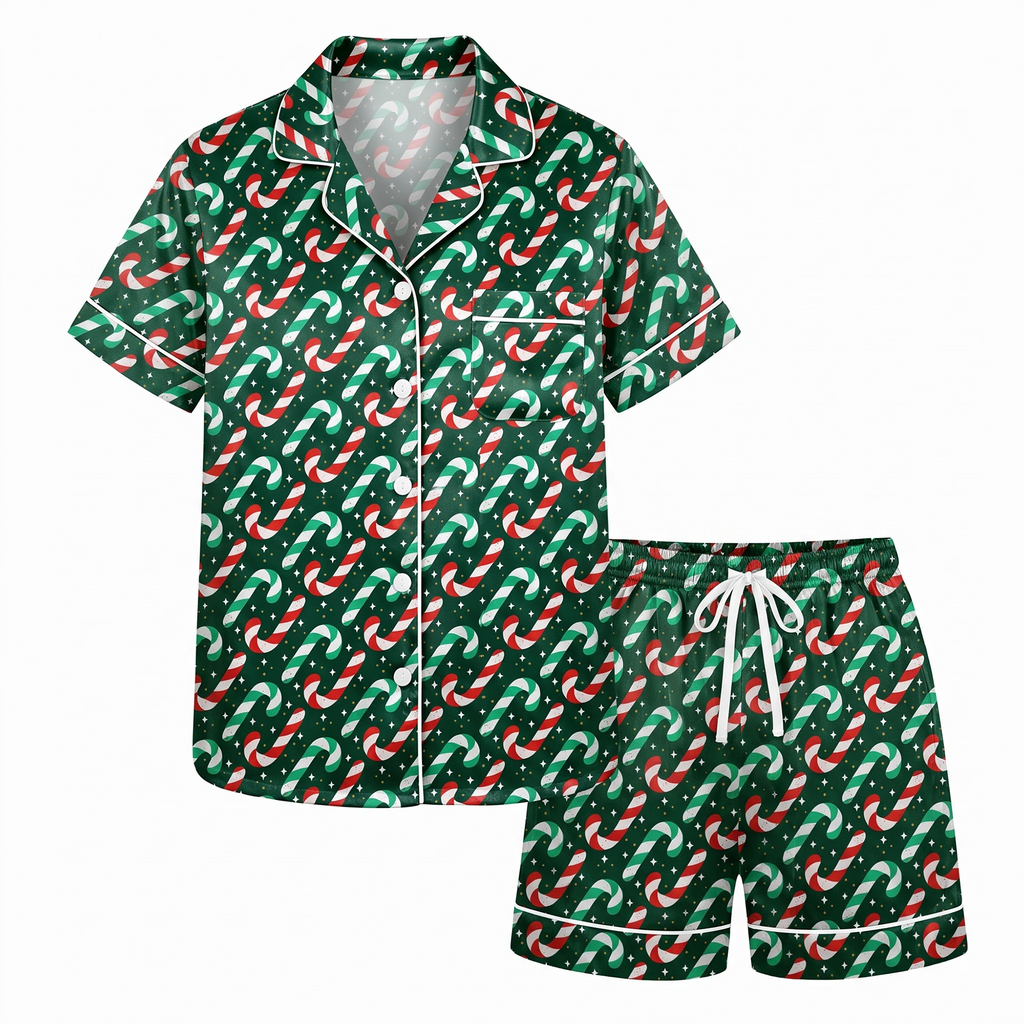Christmas Candy Cane Satin Pajama Set, Green Holiday Pajamas, Red White Peppermint PJs, Festive Christmas Sleepwear, Holiday Gift