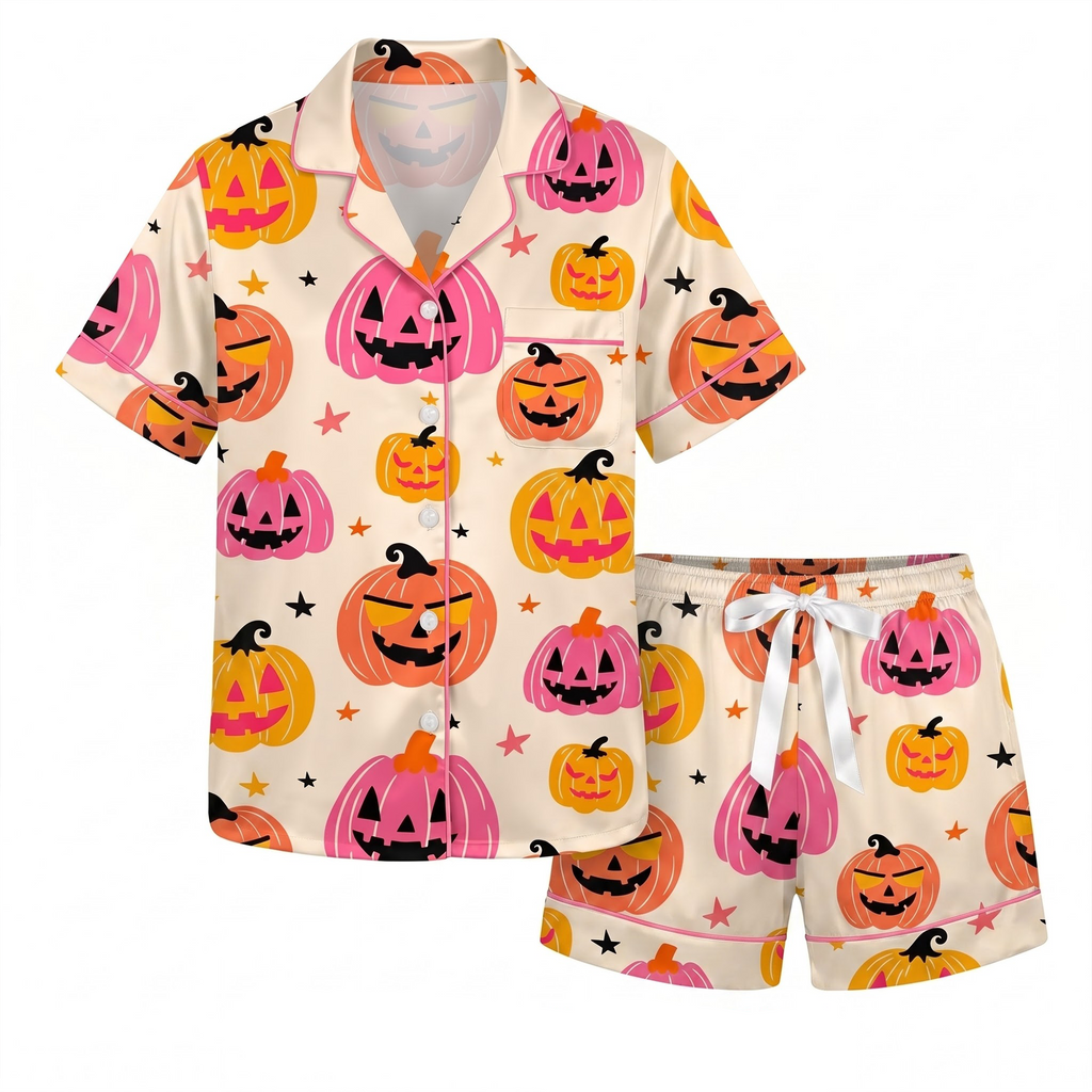 Pink Halloween Pumpkin Pajama Set, Orange Jack O Lantern PJS, Cute Spooky Lounge Set, Halloween Gift for Her Women