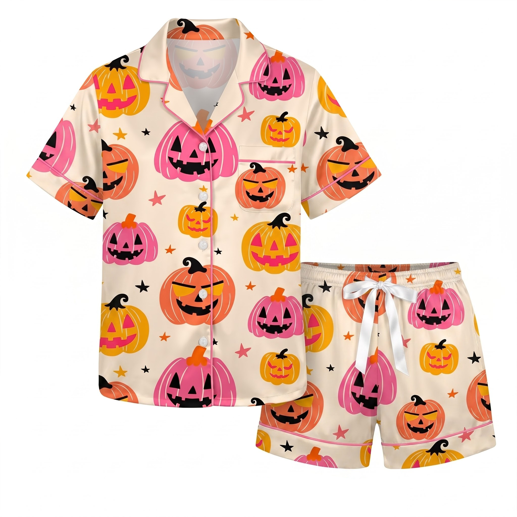 Pink Halloween Pumpkin Pajama Set, Orange Jack O Lantern PJS, Cute Spooky Lounge Set, Halloween Gift for Her Women