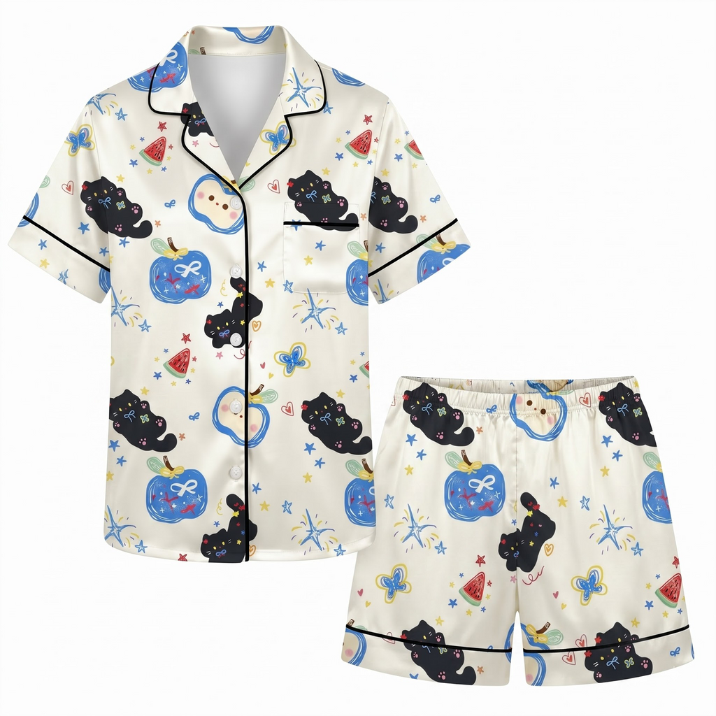 Black Cat Satin Pajama Set, Whimsical Cute Cat Silk Sleepwear, Button Down Long Sleeve Pjs, Cat Lover Gift for Her