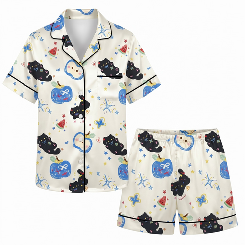 Black Cat Satin Pajama Set, Whimsical Cute Cat Silk Sleepwear, Button Down Long Sleeve Pjs, Cat Lover Gift for Her