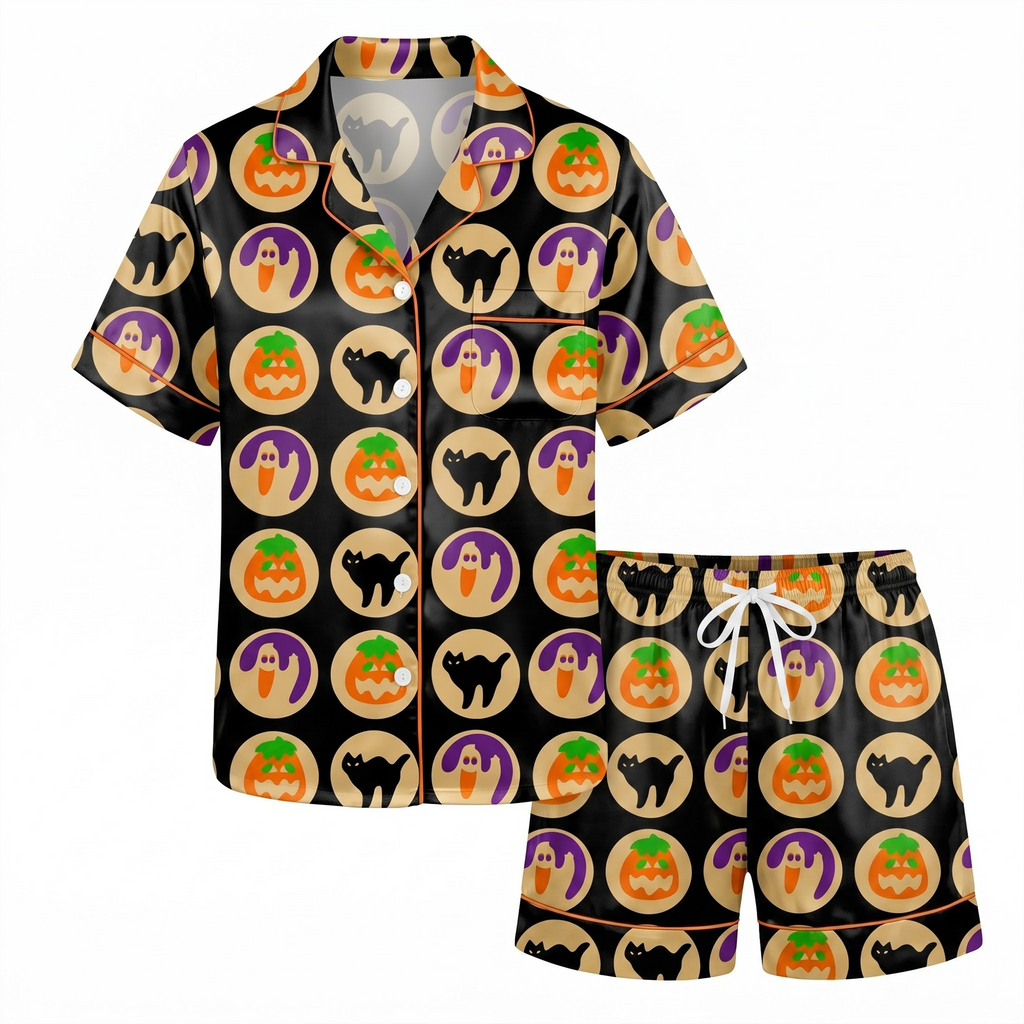 Orange Pumpkin Satin Pajama Set, Halloween Jack o Lantern Silk Sleepwear, Spooky Button Down Long Sleeve Pjs, Halloween Gift for Her