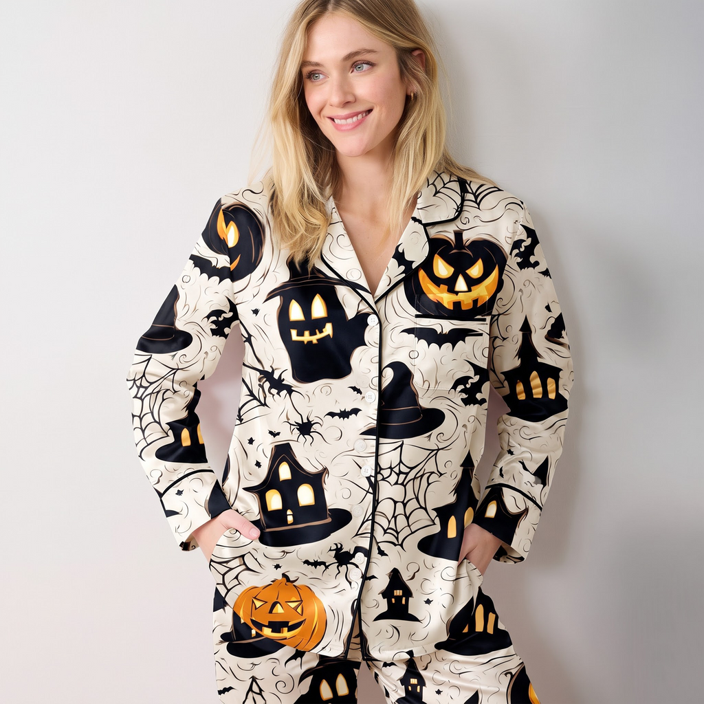 Vintage Halloween Satin Pajama Set, Spooky Pumpkin Silk Sleepwear, Haunted House Button Down Pjs, Witchy Gift for Her