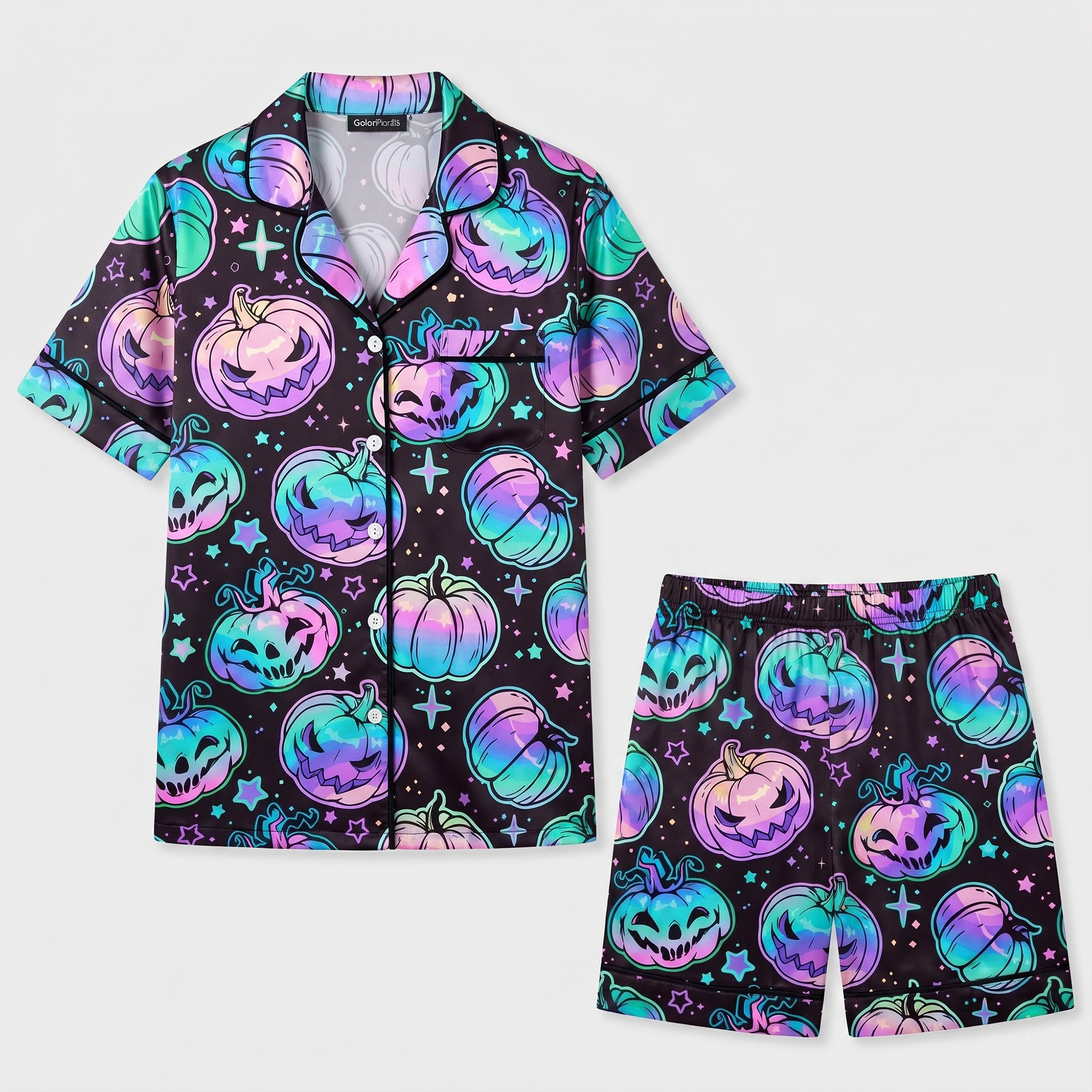 Holographic Halloween Satin Pajama Set, Iridescent Pumpkin Silk Sleepwear, Pastel Goth Button Down Pjs, Spooky Gift for Her