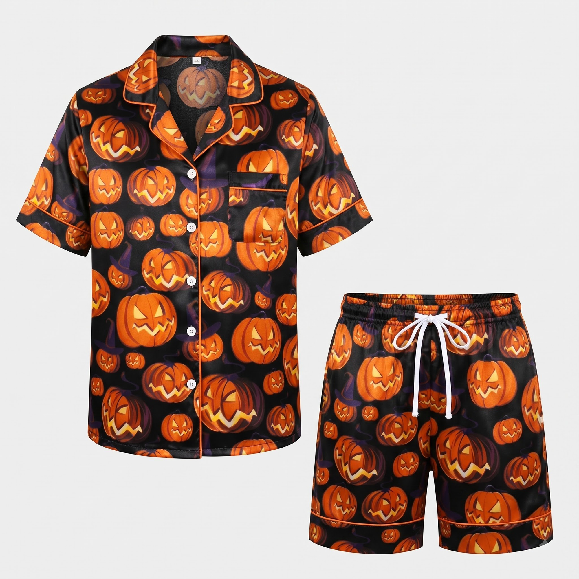 Cute Spooky Pumpkin Silk Satin Pajama Set, Jack-O-Lantern Pattern Lounge Set, Halloween Sleepwear, Gift for Friends Sister