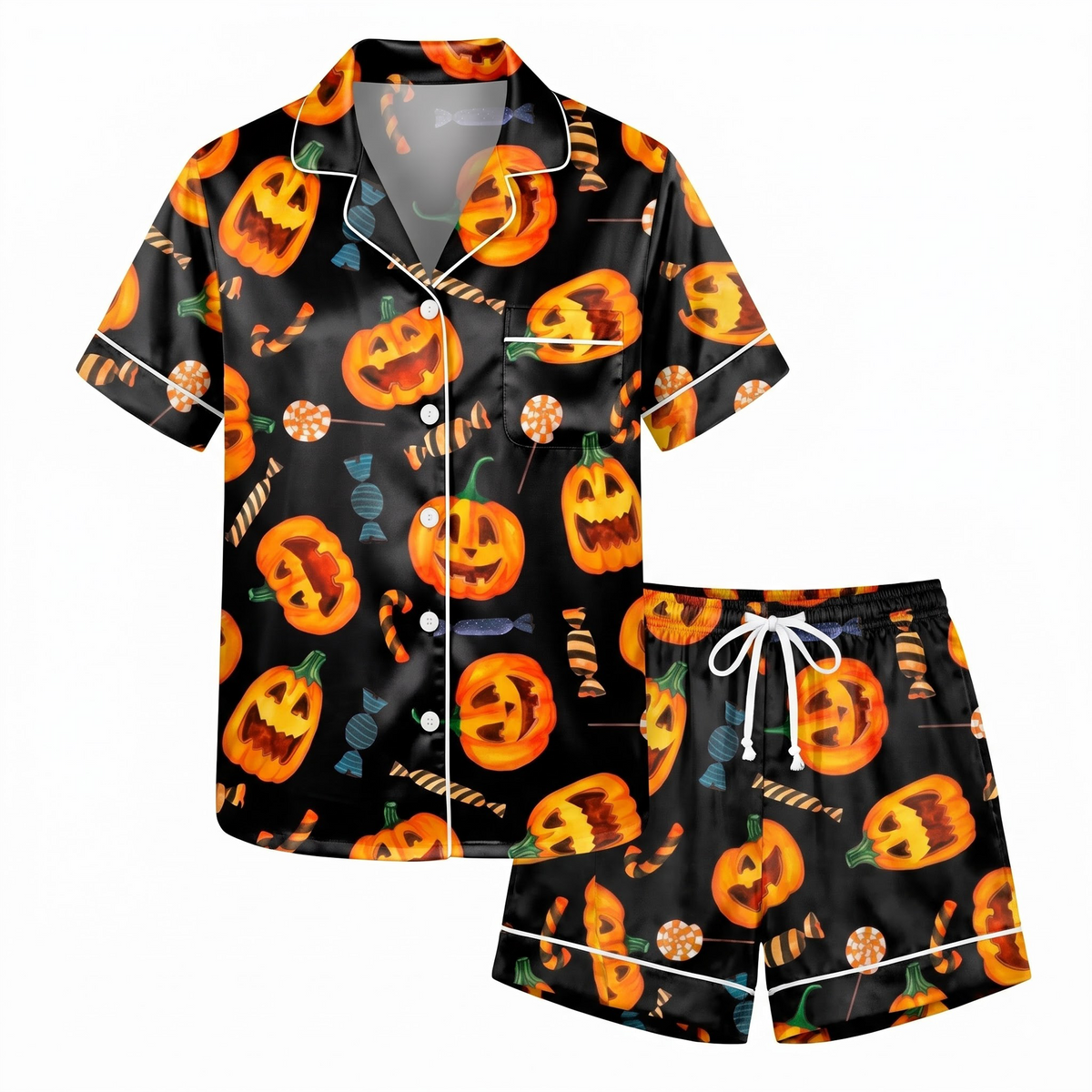 Pumpkin Candy Satin Pajama Set, Black Halloween Pajamas, Jack O Lantern PJs, Spooky Candy Sleepwear, Halloween Gift for Her