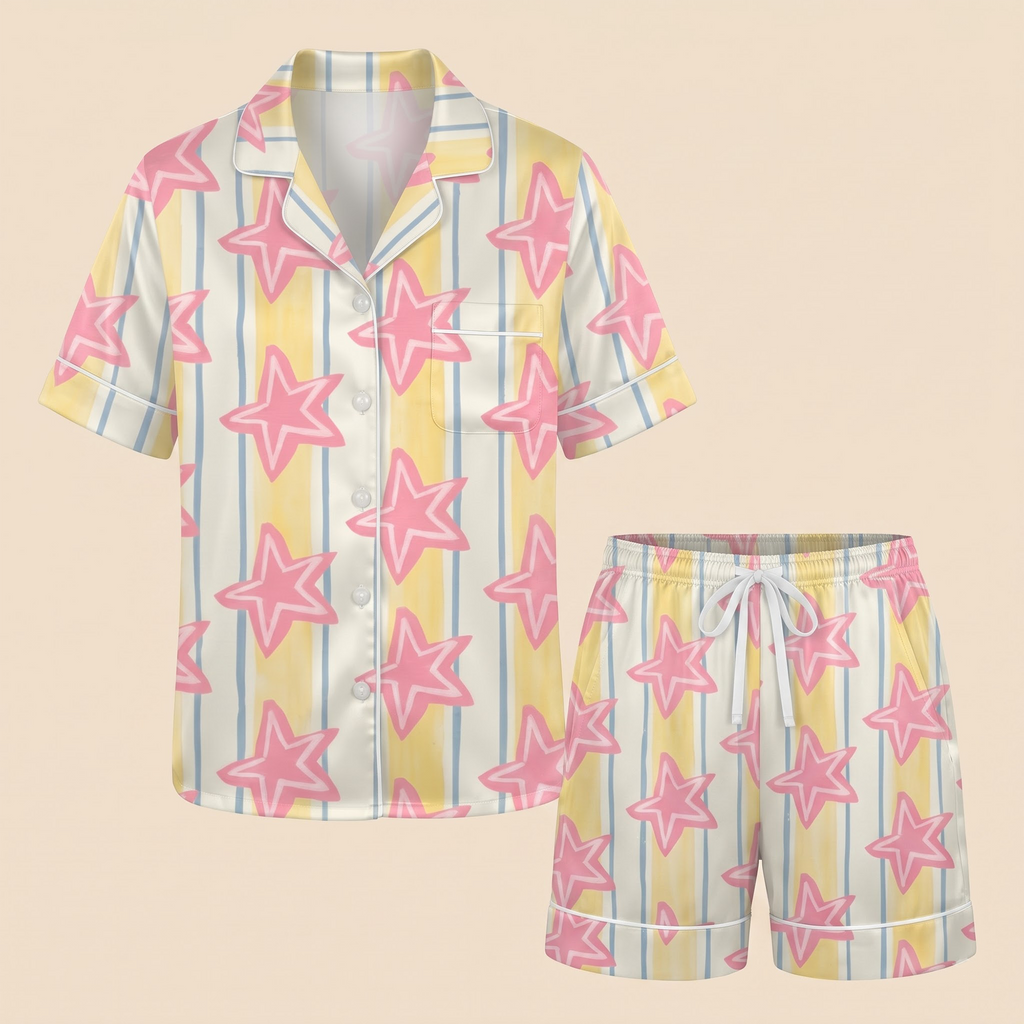 Pink Star Satin Pajama Set, Y2K Pastel Silk Sleepwear, Yellow Striped Lounge Set, Preppy Birthday Gift for Her Women Teen Girls