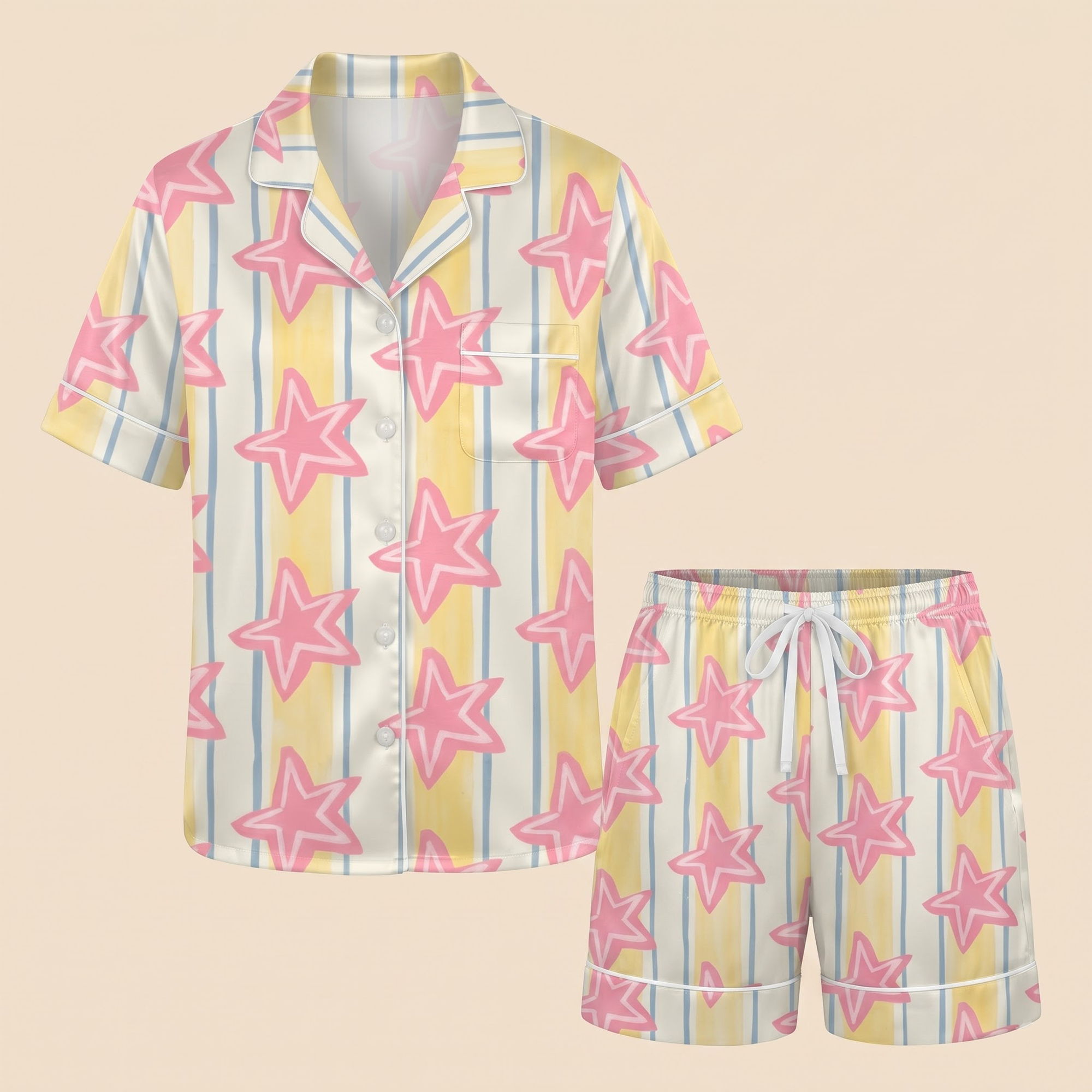 Pink Star Satin Pajama Set, Y2K Pastel Silk Sleepwear, Yellow Striped Lounge Set, Preppy Birthday Gift for Her Women Teen Girls