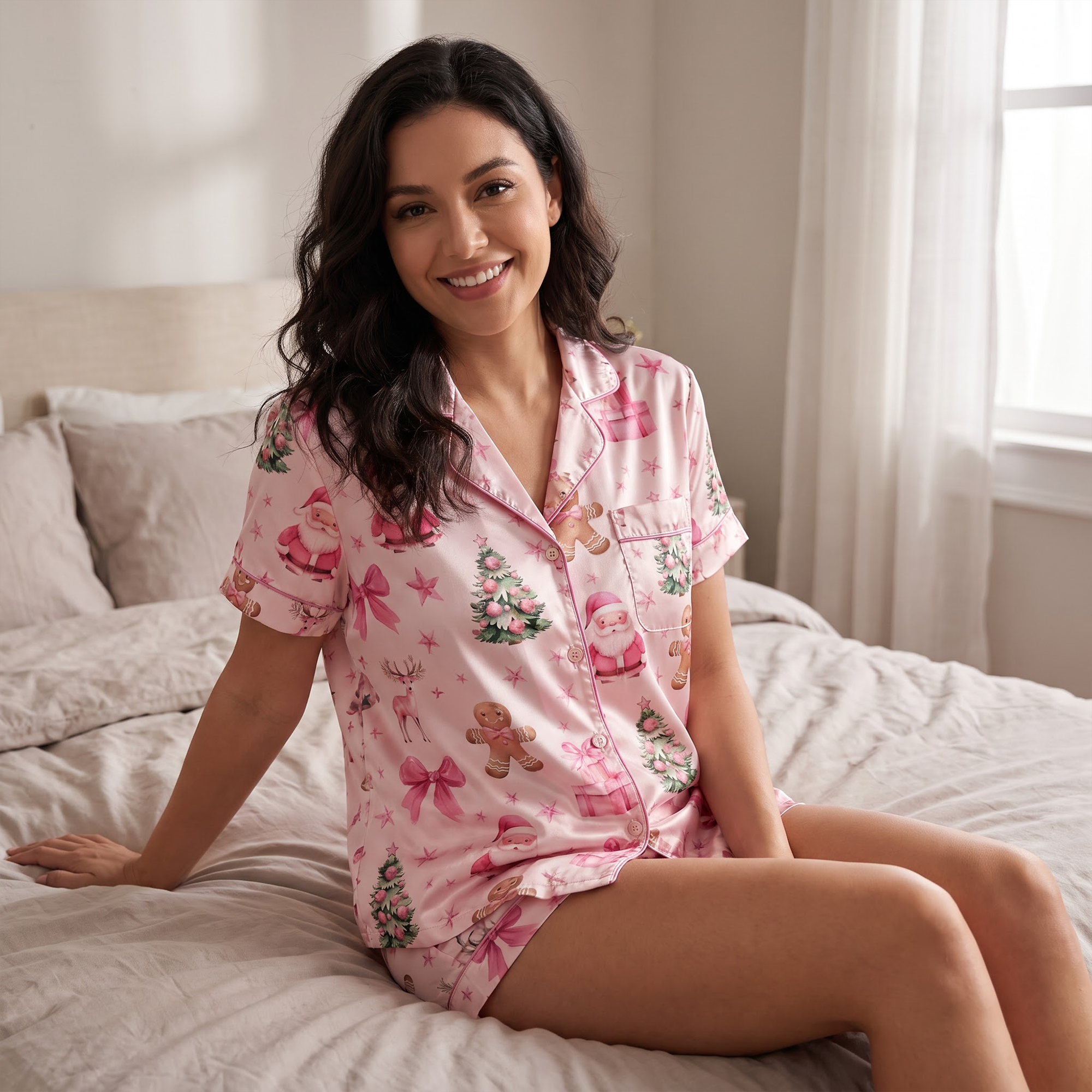 Pink Christmas Satin Pajama Set, Pink Santa Silk PJs , Gingerbread Xmas Sleepwear, Cute Holiday Gift for Her