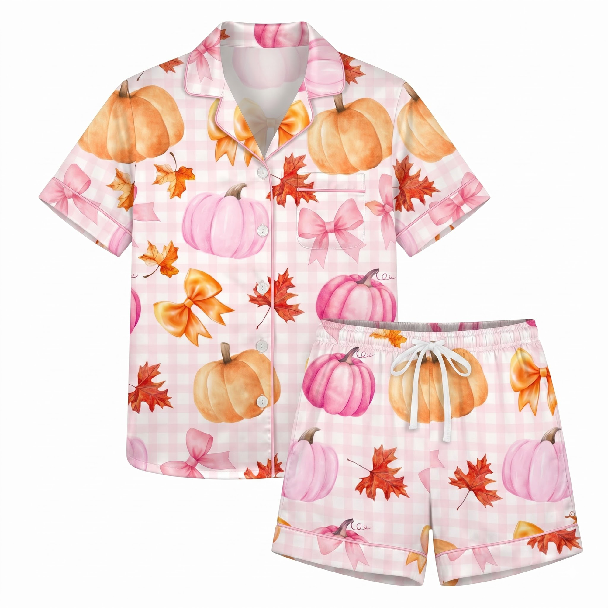 Pink Pumpkin Satin Pajama Set, Coquette Fall Silk Sleepwear, Watercolor Bow Gingham Lounge Set, Thanksgiving Gift for Her
