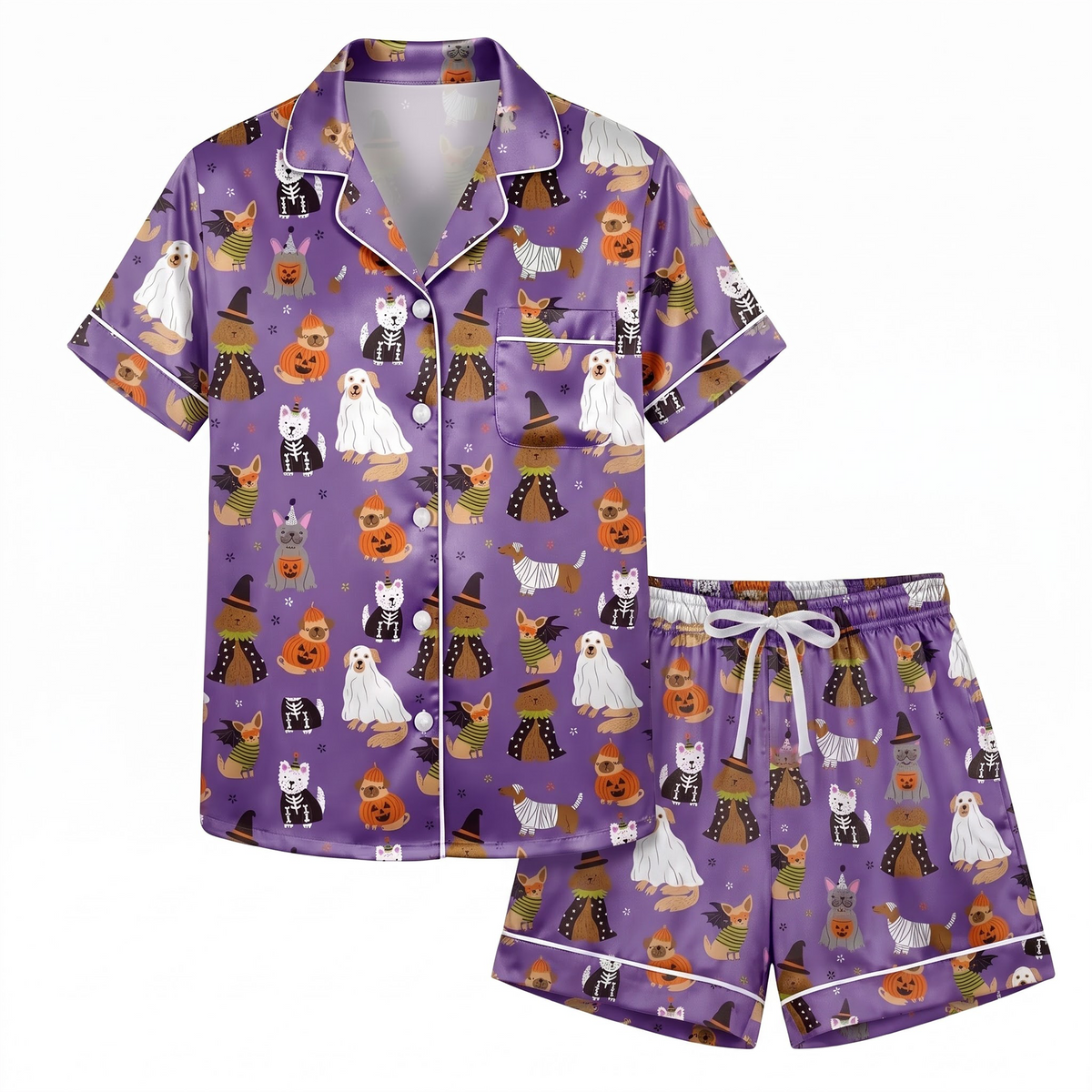 Halloween Dog Satin Pajama Set, Purple Spooky Puppy Pajamas, Cute Dog Costume PJs, Pumpkin Pet Halloween Sleepwear, Dog Lover Gift