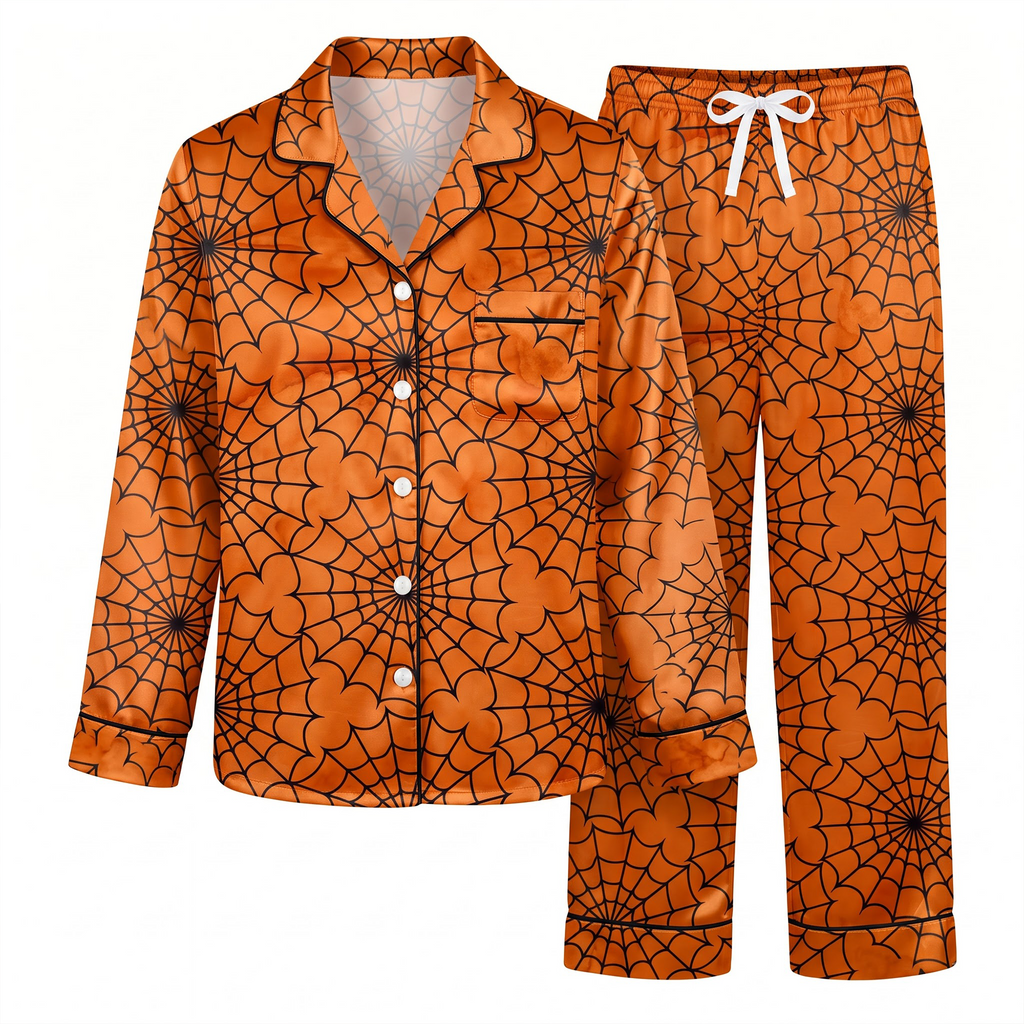 Halloween Spider Web Satin Pajama Set, Orange Black Halloween Pajamas, Spooky Spiderweb Sleepwear, Halloween Night Matching PJs, Fall Gift