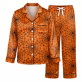 Halloween Spider Web Satin Pajama Set, Orange Black Halloween Pajamas, Spooky Spiderweb Sleepwear, Halloween Night Matching PJs, Fall Gift