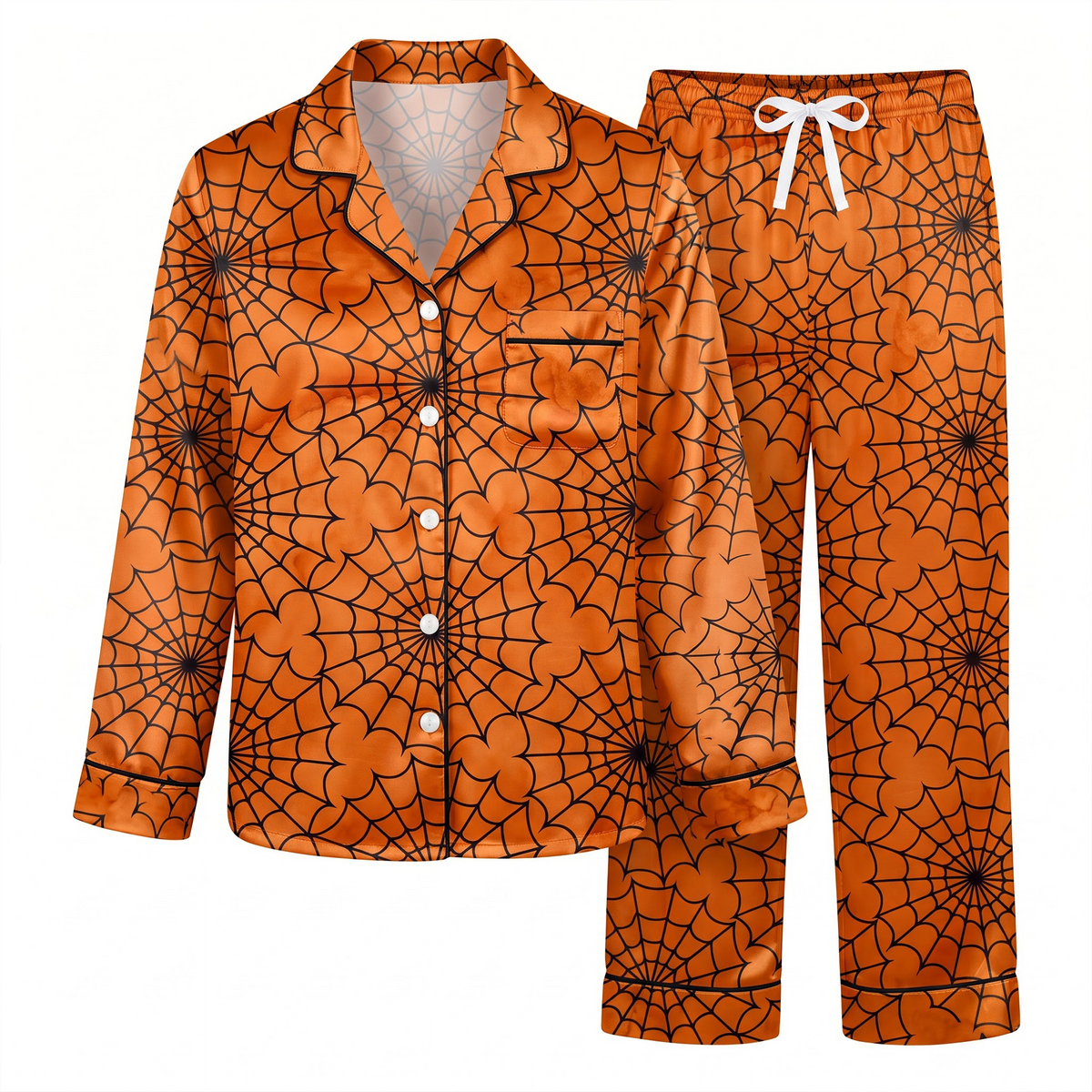 Halloween Spider Web Satin Pajama Set, Orange Black Halloween Pajamas, Spooky Spiderweb Sleepwear, Halloween Night Matching PJs, Fall Gift