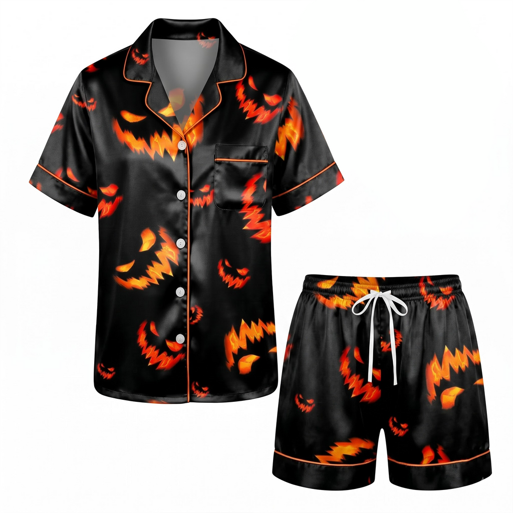 Scary Pumpkin Satin Pajama Set, Halloween Jack o Lantern Silk Sleepwear, Creepy Face Button Down Pjs, Spooky Gift for Her