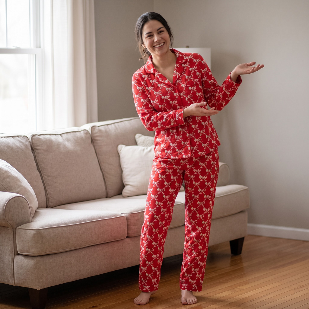 Red Bow Satin Pajama Set, Coquette Ribbon Silk PJs Long Sleeve, Festive Christmas Holiday Sleepwear, Cute Satin Loungewear Gift for Her