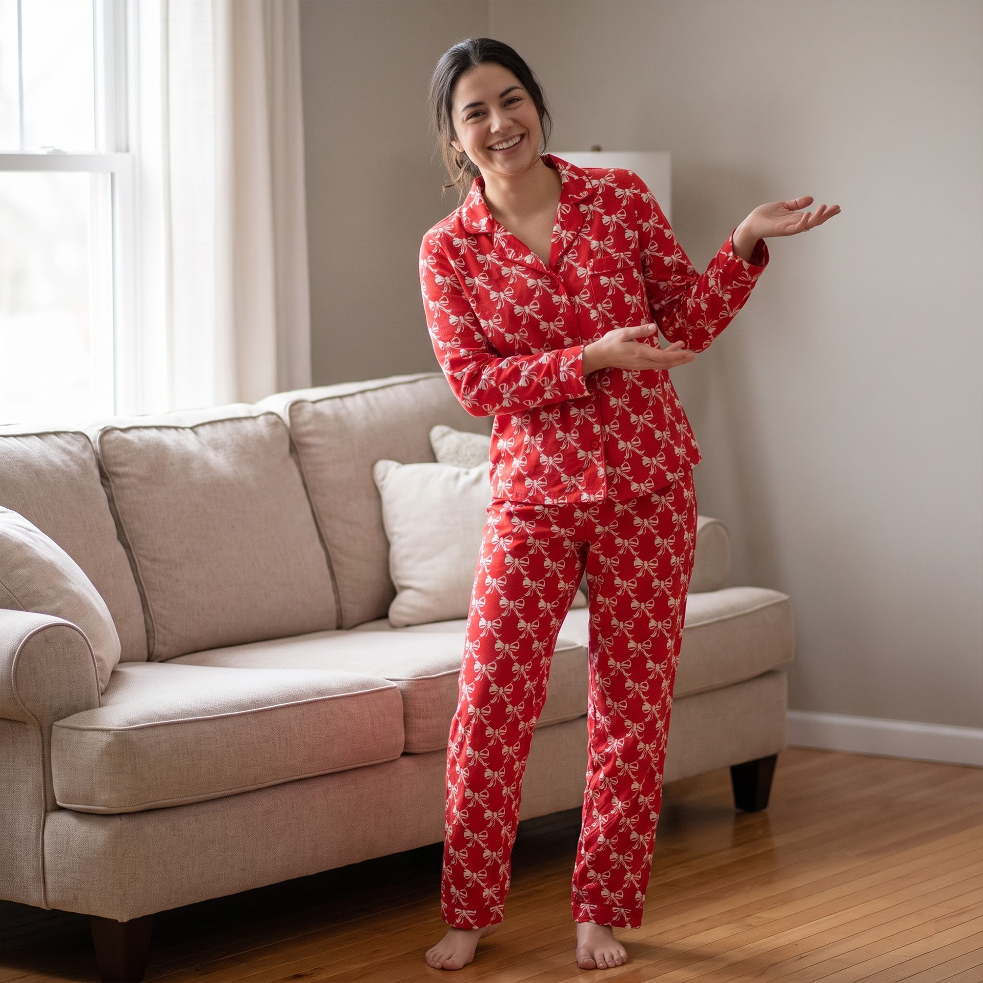 Red Bow Satin Pajama Set, Coquette Ribbon Silk PJs Long Sleeve, Festive Christmas Holiday Sleepwear, Cute Satin Loungewear Gift for Her