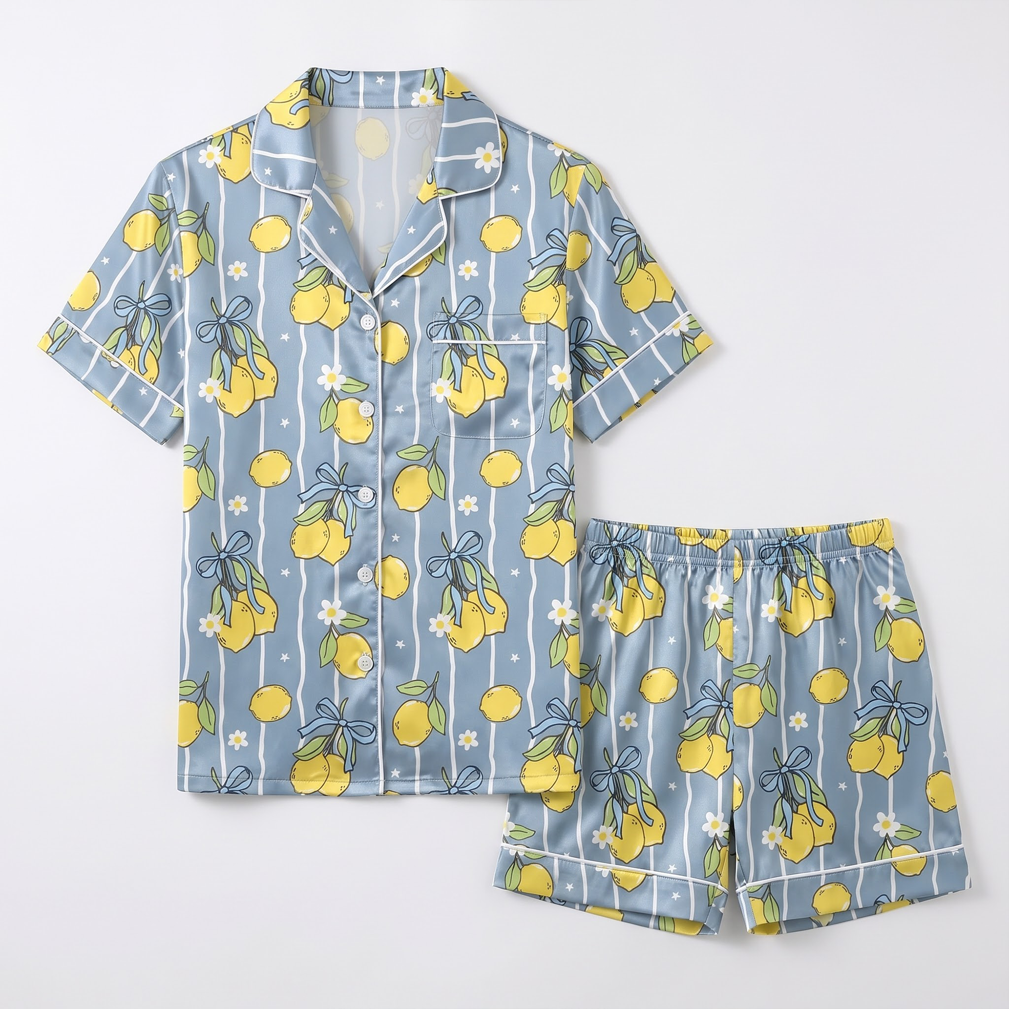 Blue Lemon Satin Pajama Set, Coquette Blue Bow Silk Sleepwear, Coastal Amalfi Summer Button Down Pjs, Gift for Her Bestie