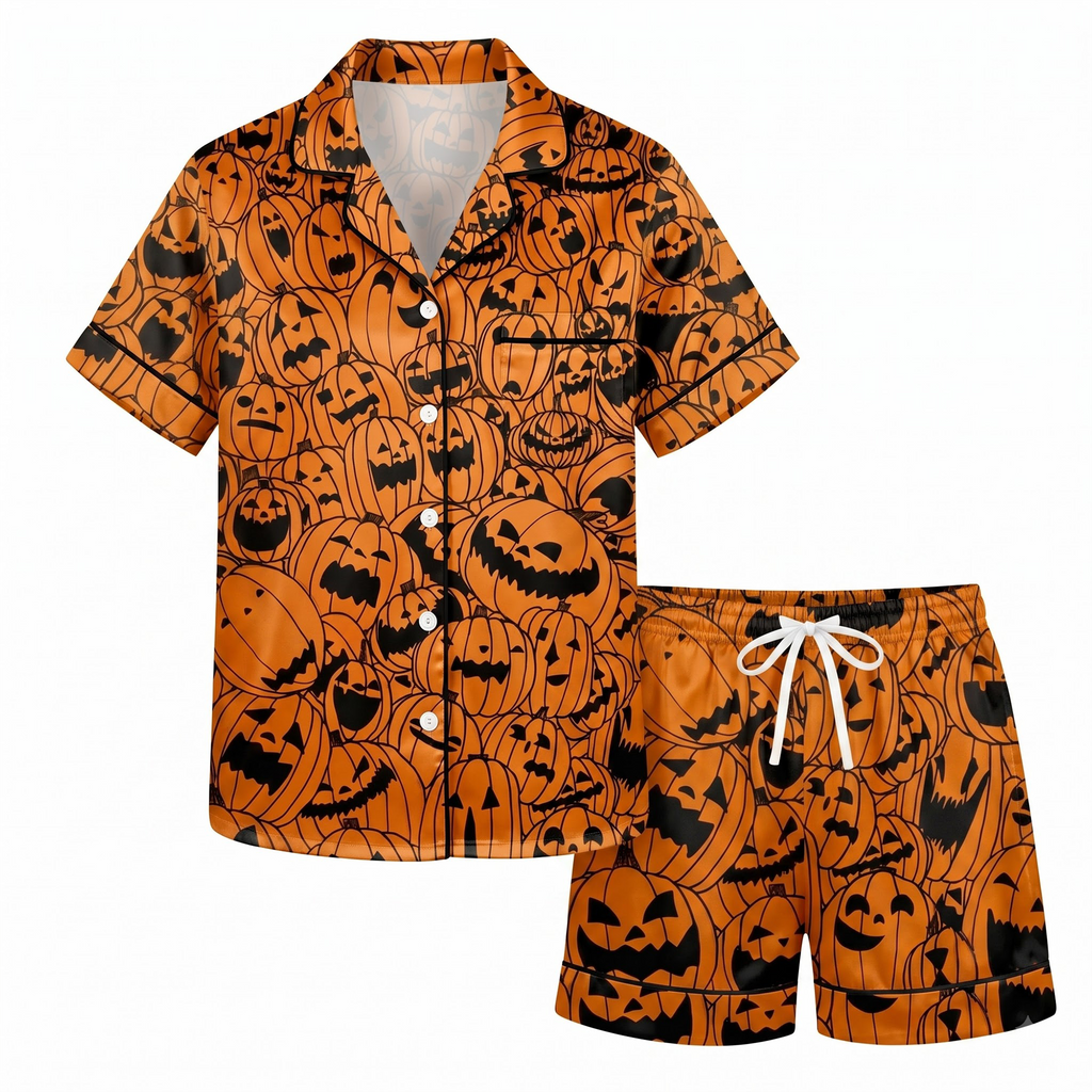 Orange Pumpkin Satin Pajama Set, Halloween Jack o Lantern Silk Sleepwear, Spooky Button Down Long Sleeve Pjs, Halloween Gift for Her