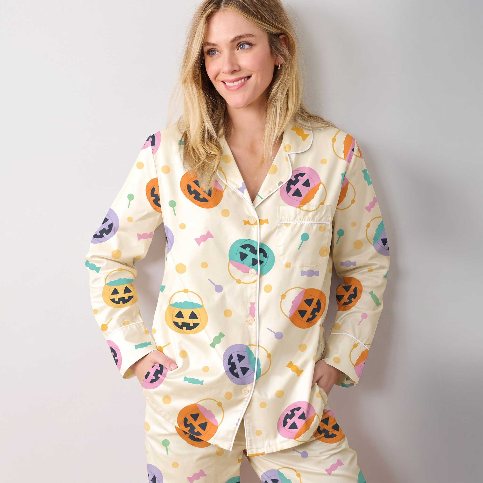Pastel Halloween Satin Pajama Set, Pumpkin Bucket Silk Sleepwear, Button Down Long Sleeve Pjs, Cute Spooky Gift for Her