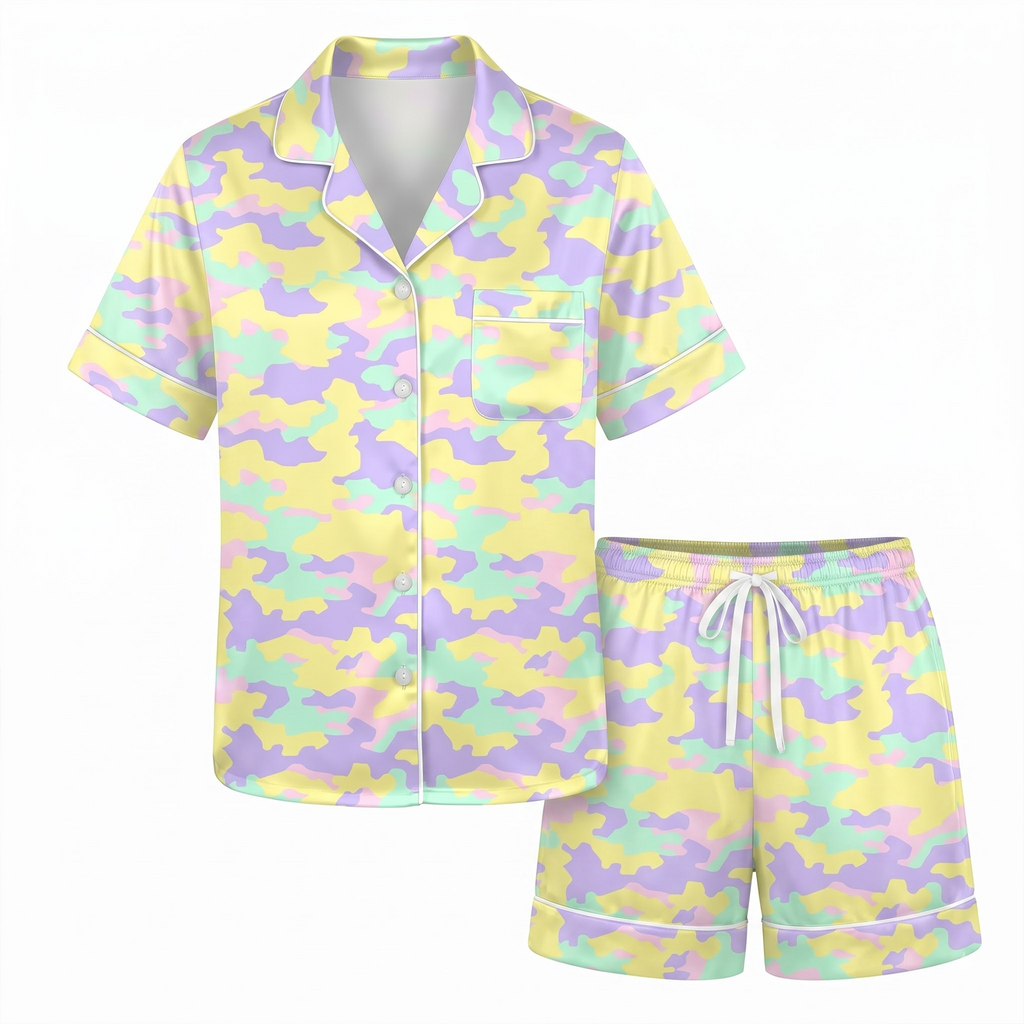 Pastel Camo Satin Pajama Set, Camouflage Silk Sleepwear, Cute Pastel Print Lounge Set, Aesthetic Gift for Her Women