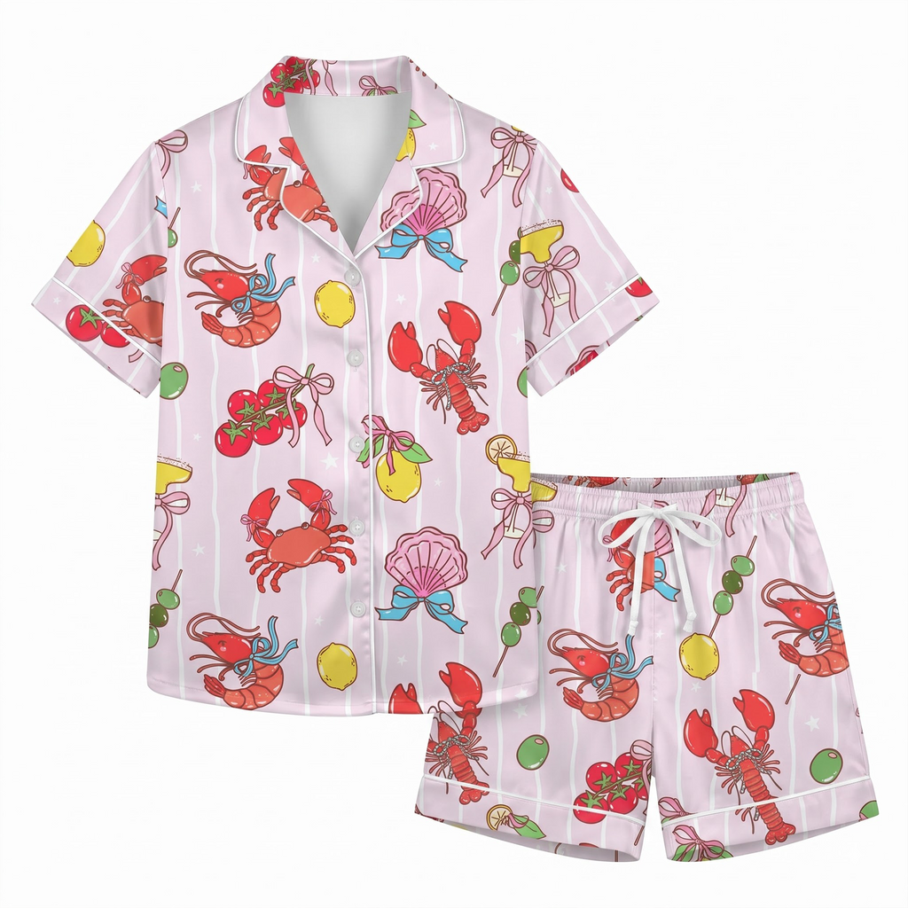Pink Lobster Satin Pajama Set, Coquette Seafood Silk Sleepwear, Coastal Summer Button Down Pjs, Bachelorette Gift for Her