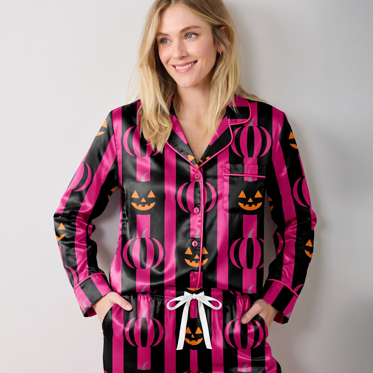 Pink Halloween Satin Pajama Set, Hot Pink Pumpkin Silk Sleepwear, Striped Button Down Pjs, Cute Spooky Gift for Her
