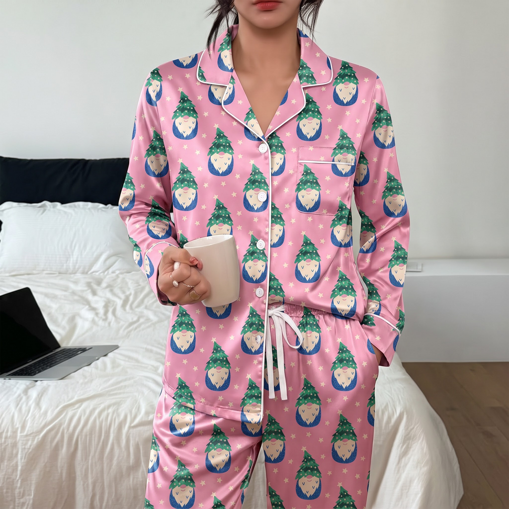 Pink Christmas Gnome Satin Pajama Set, Xmas Gnome Silk Sleepwear, Coquette Holiday Lounge Set, Xmas Gift for Her Women