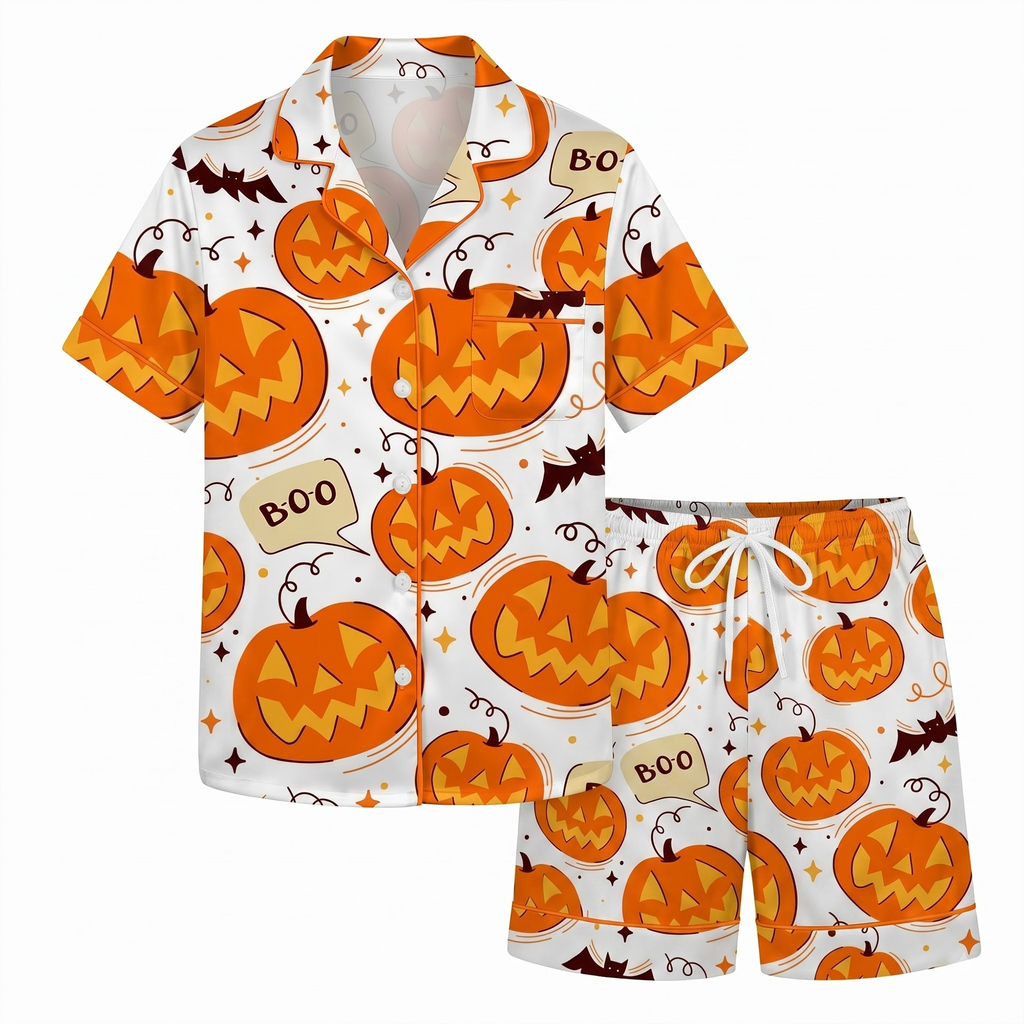 Cute Halloween Pumpkin Satin Pajama Set, Spooky Silk Sleepwear, Pumpkin Jack o Lantern Lounge Wear Set, Gift for Bestie