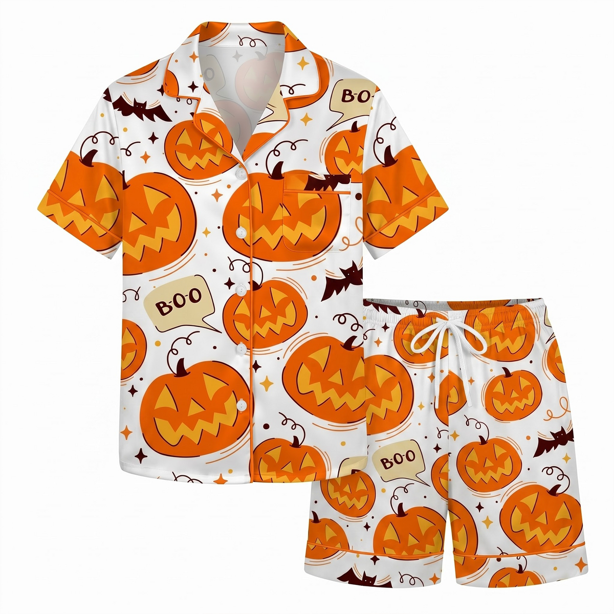 Cute Halloween Pumpkin Satin Pajama Set, Spooky Silk Sleepwear, Pumpkin Jack o Lantern Lounge Wear Set, Gift for Bestie
