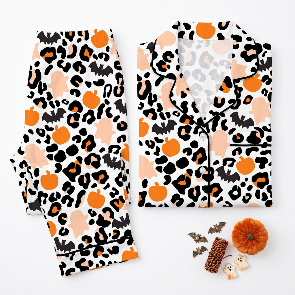 Halloween Leopard Satin Pajama Set, Spooky Cheetah Silk PJs, Pumpkin Bat Sleepwear, Cute Halloween Gift for Her